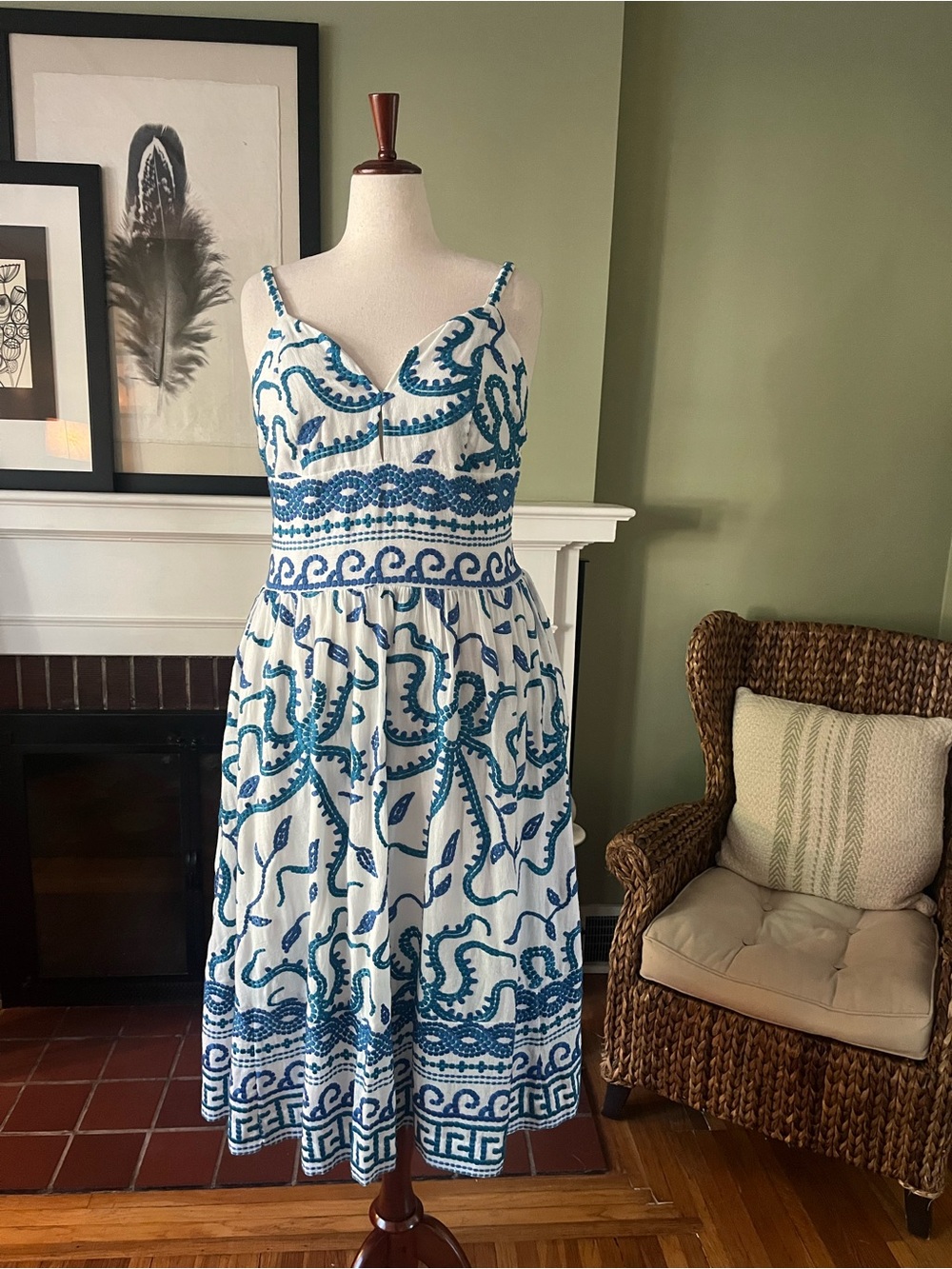 Maeve Anthropologie Seaside Embroidered Midi Sundress Blue & White - Size 22